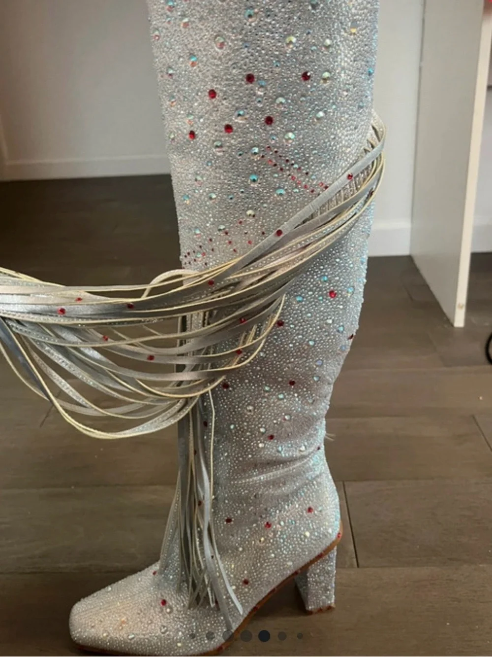 Silver Crystal Over-the-Knee Block Heel Boots with Fringe